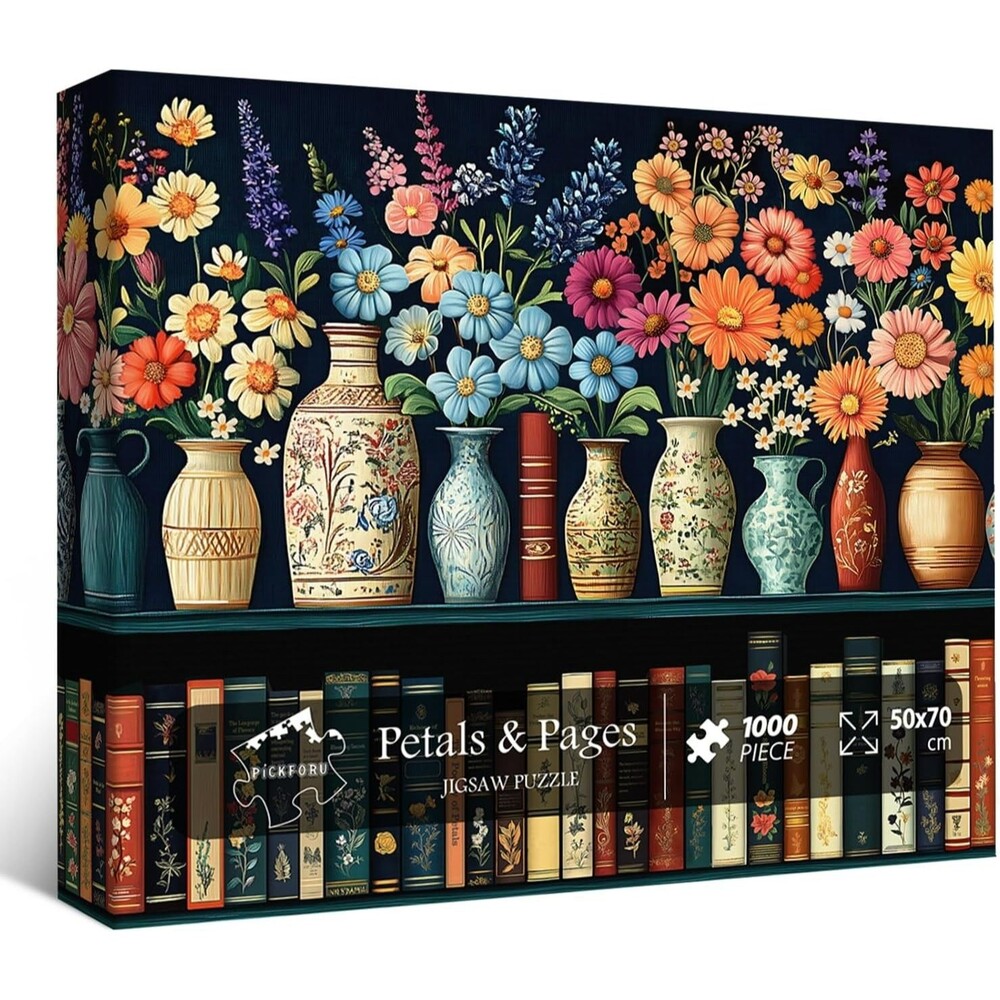 PICKFORU Adult 1000 Piece Wildflower Jigsaw Puzzle Vintage Floral Bookshelf Art